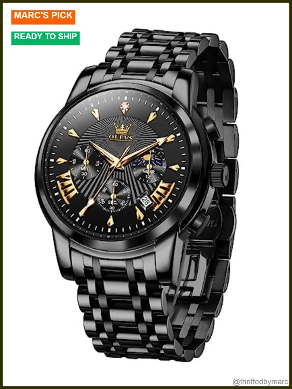 Stainless Steel Chronograph Watch with Calendar Quartz Movement Luminous